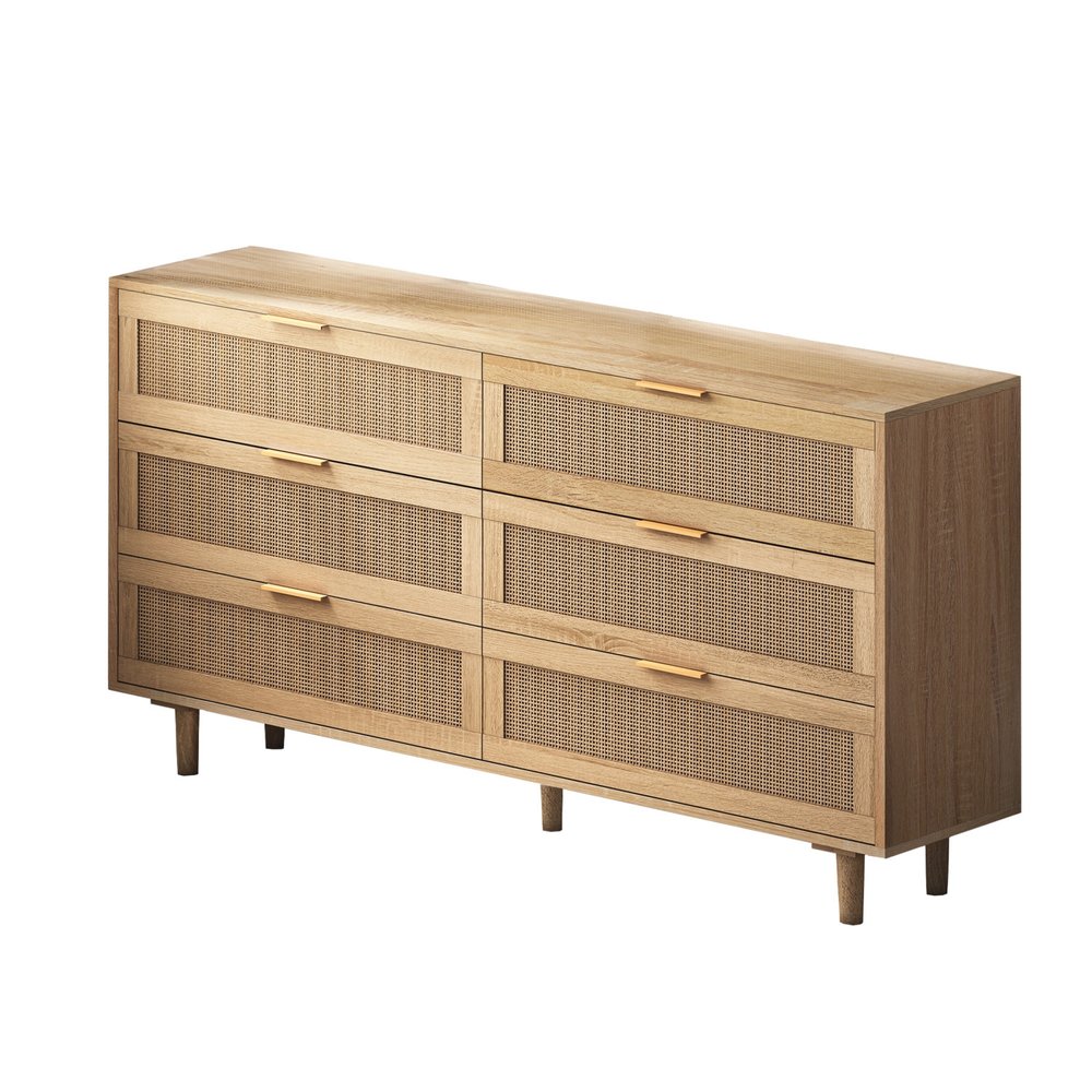 Natural Wood and Rattan Six Drawer Double Dresser - 59-inch