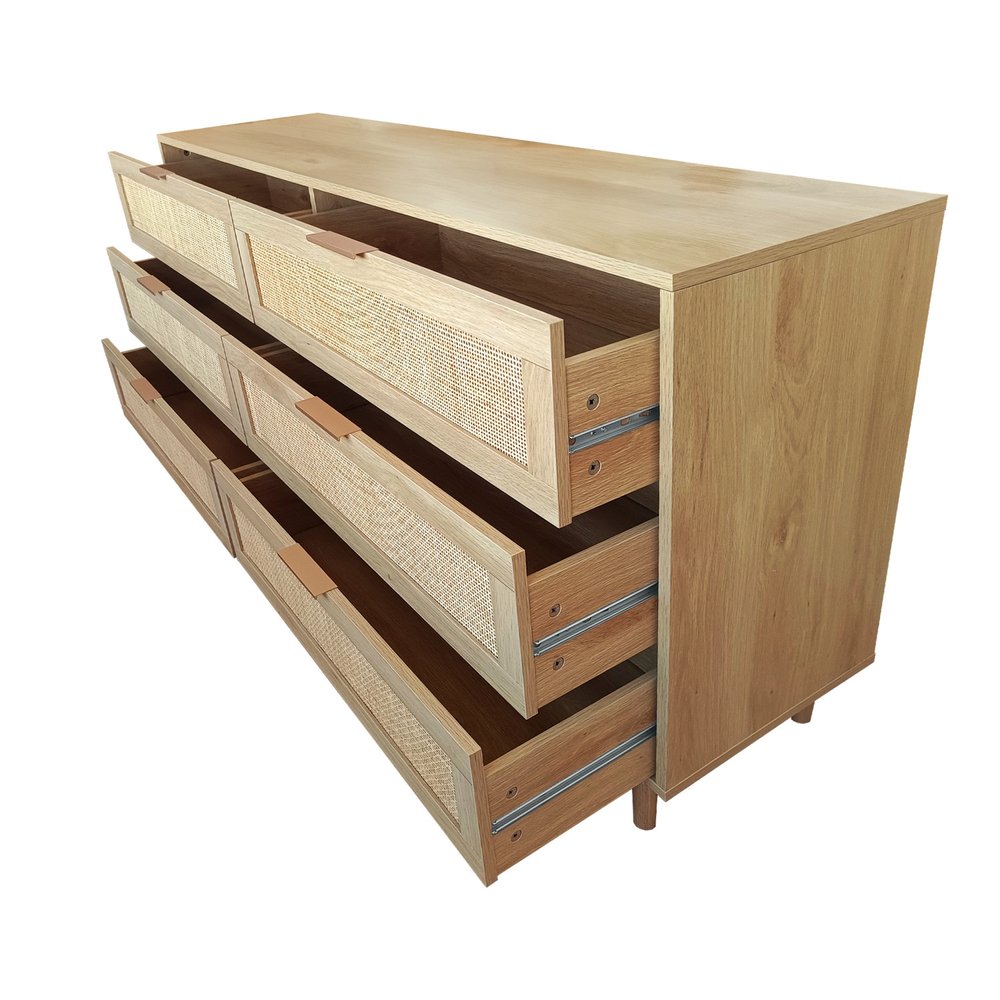 Natural Wood and Rattan Six Drawer Double Dresser - 59-inch