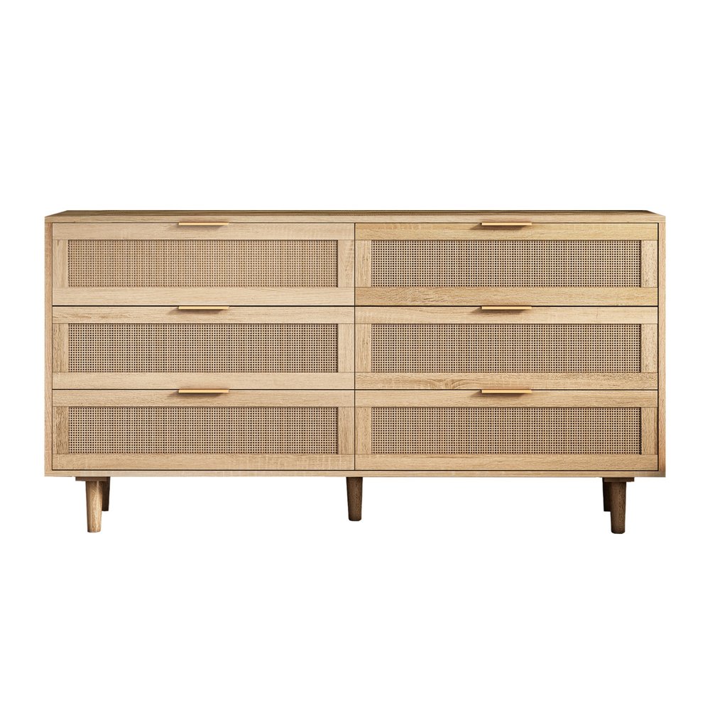 Natural Wood and Rattan Six Drawer Double Dresser - 59-inch