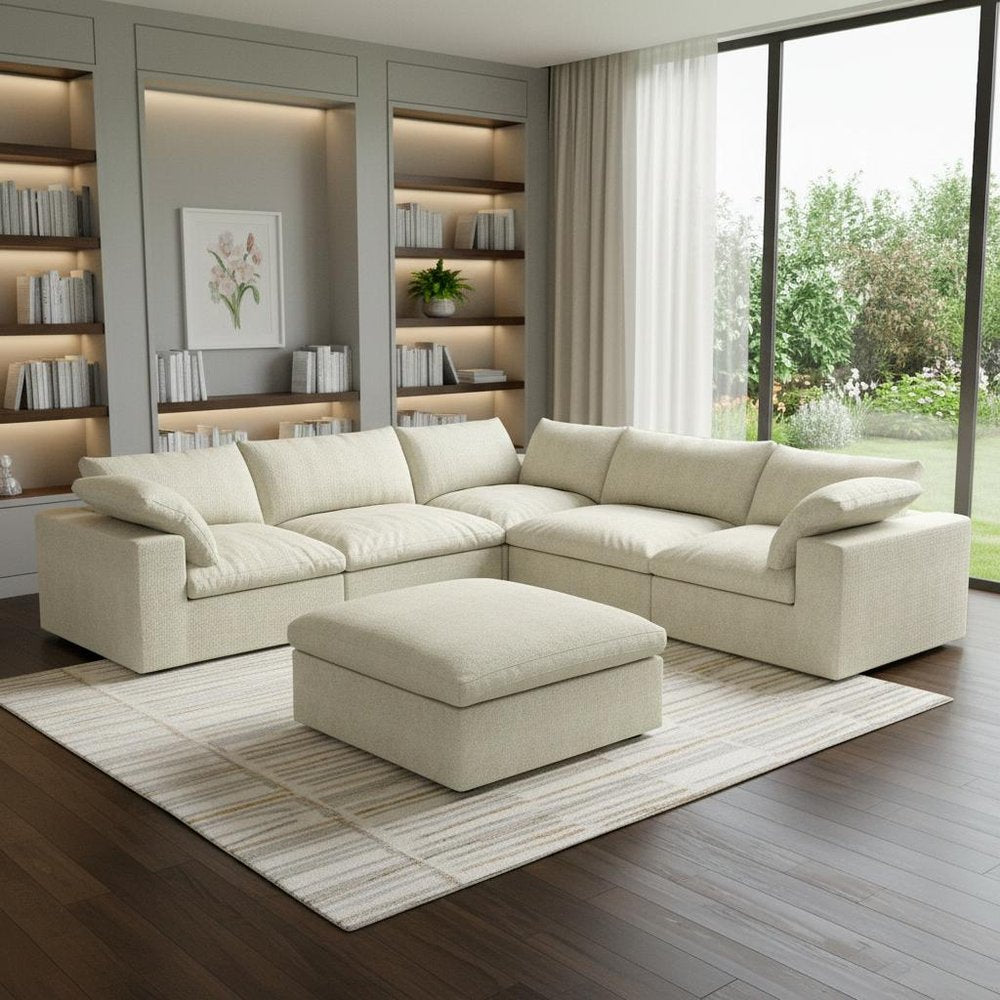 Khaki Linen Blend Modular L Shaped Six Piece Sofa and Chaise Sectional