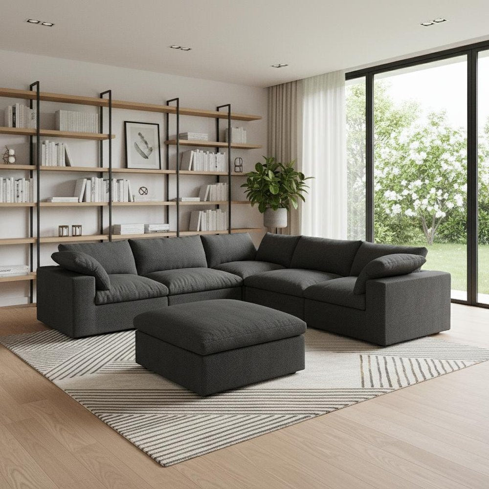 Black Linen Blend Modular L Shaped Six Piece Corner Sectional
