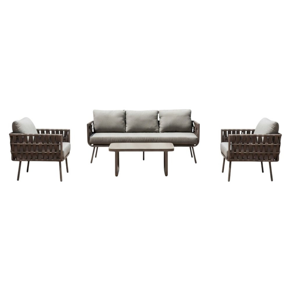Four Piece Gray and Taupe Metal Upholstered Cushions Sofa Seating Group with Table