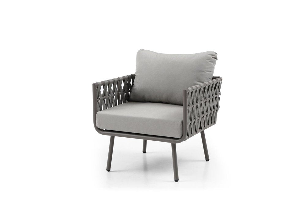 Four Piece Gray and Taupe Metal Upholstered Cushions Sofa Seating Group with Table