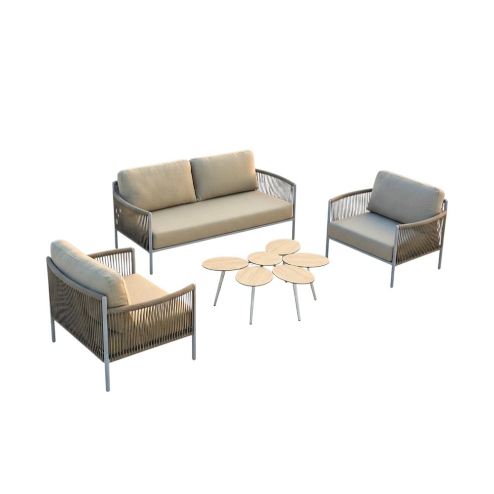 Four Piece Light Gray and Taupe Metal Upholstered Cushions Sofa Seating Group with Table
