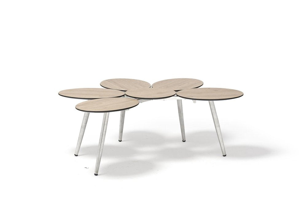 Four Piece Light Gray and Taupe Metal Upholstered Cushions Sofa Seating Group with Table