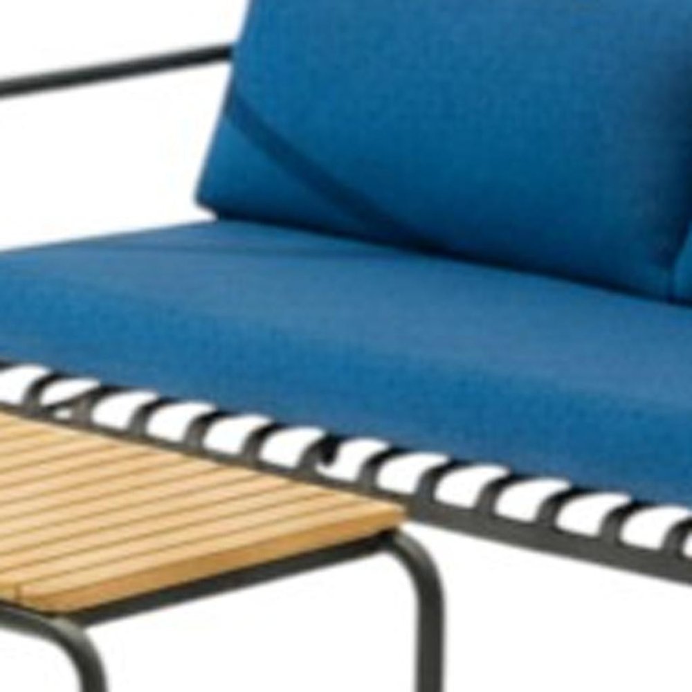 Four Piece Dark Gray and Blue Metal Upholstered Cushions Sofa Seating Group with Table