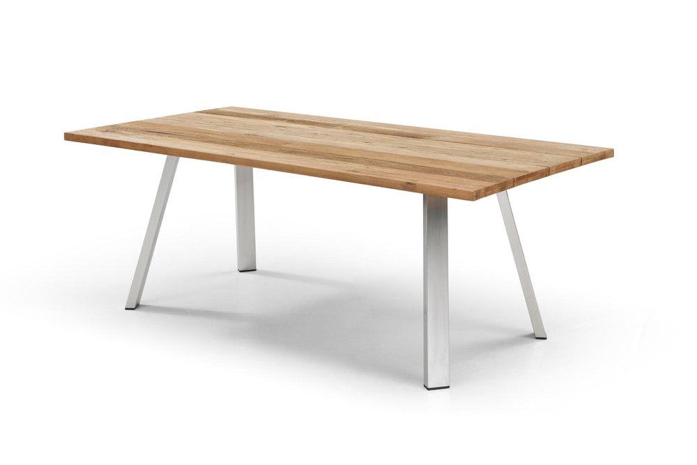 Natural and Silver Solid Wood and Stainless Steel Outdoor Dining Table - 79-inch