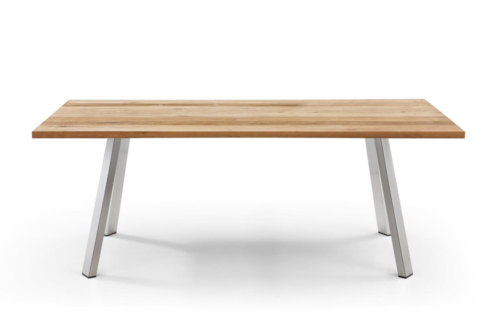 Natural and Silver Solid Wood and Stainless Steel Outdoor Dining Table - 79-inch