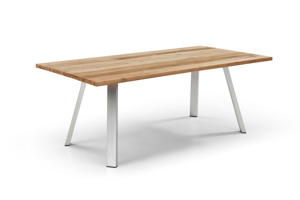 Natural and Silver Solid Wood and Stainless Steel Outdoor Dining Table - 79-inch