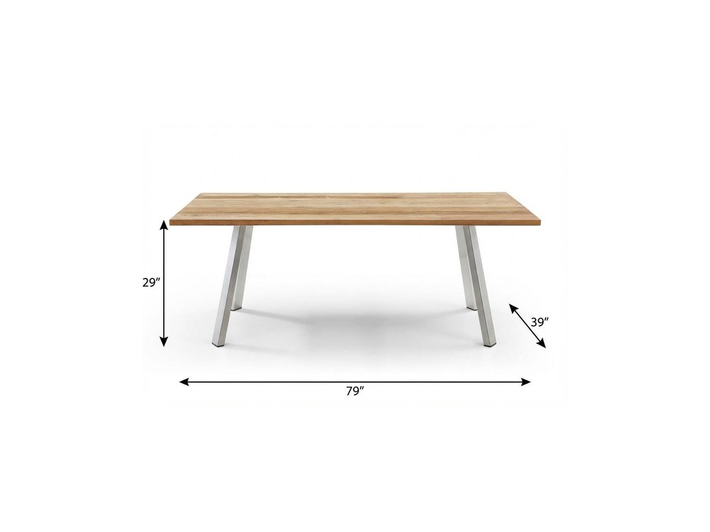Natural and Silver Solid Wood and Stainless Steel Outdoor Dining Table - 79-inch