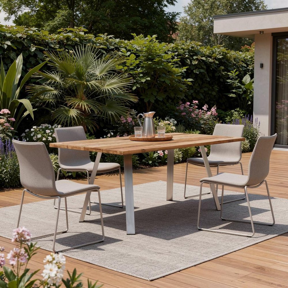 Natural and Silver Solid Wood and Stainless Steel Outdoor Dining Table - 79-inch