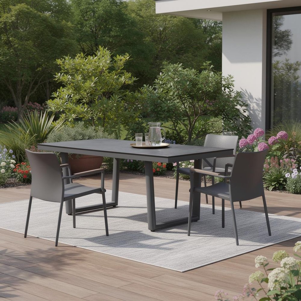 Dark Gray Ceramic Steel and Aluminum Outdoor Dining Table - 79-inch