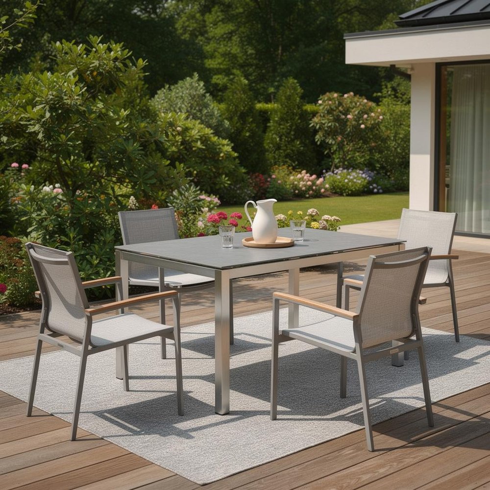 Dark Gray and Silver Ceramic Glass and Stainless Steel Outdoor Dining Table