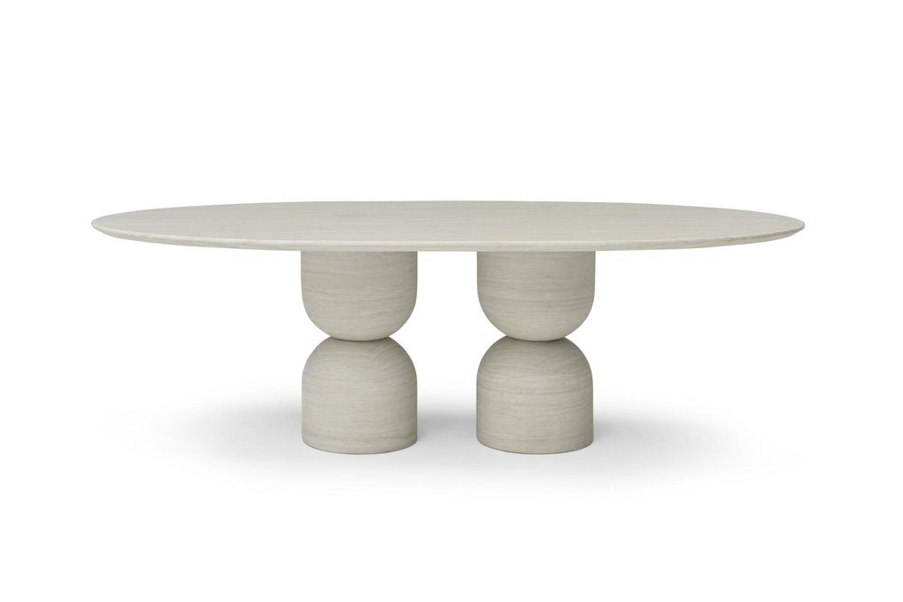 Beige Marble Double Pedestal Base Oval Dining Table - 94-inch