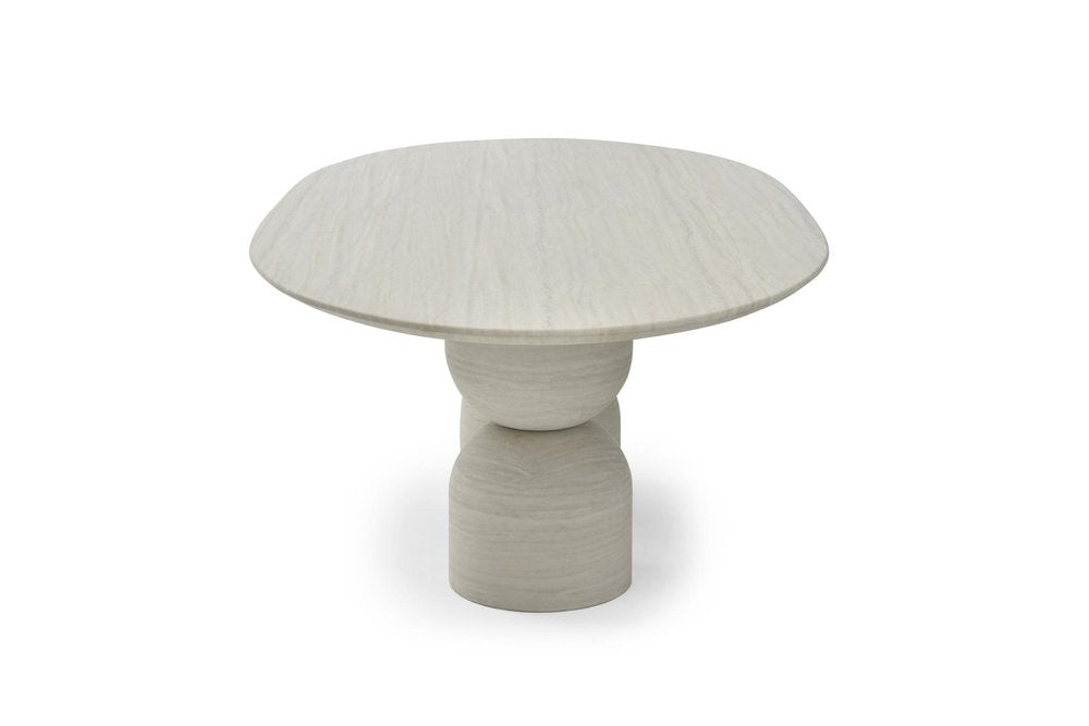Beige Marble Double Pedestal Base Oval Dining Table - 94-inch