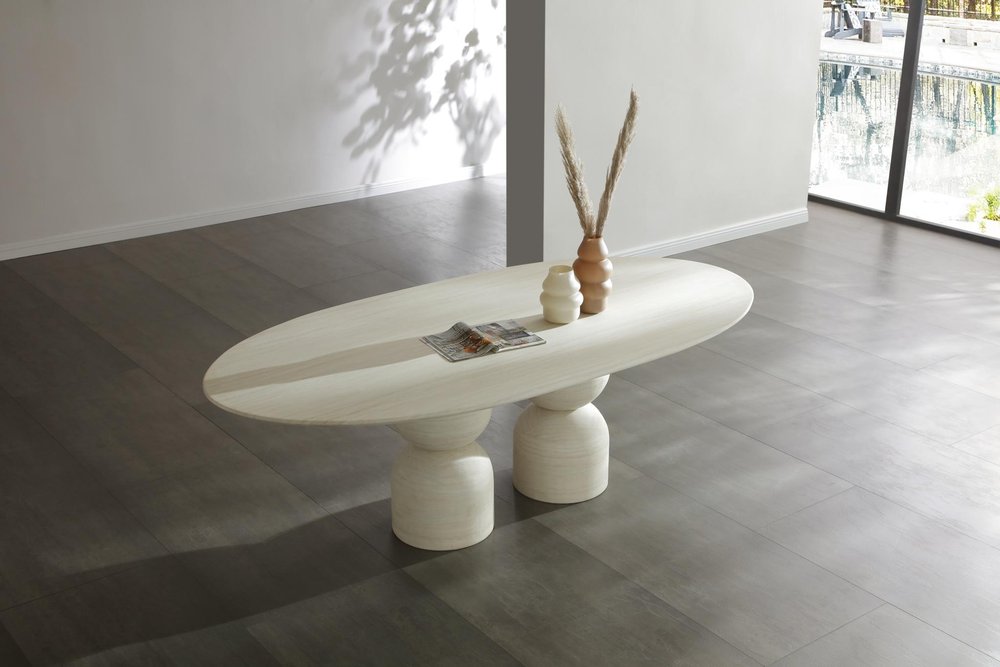 Beige Marble Double Pedestal Base Oval Dining Table - 94-inch
