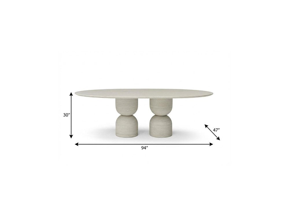 Beige Marble Double Pedestal Base Oval Dining Table - 94-inch