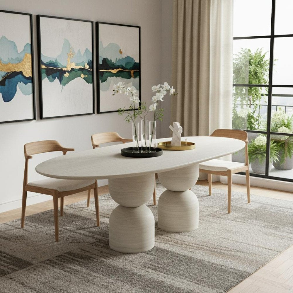Beige Marble Double Pedestal Base Oval Dining Table - 94-inch