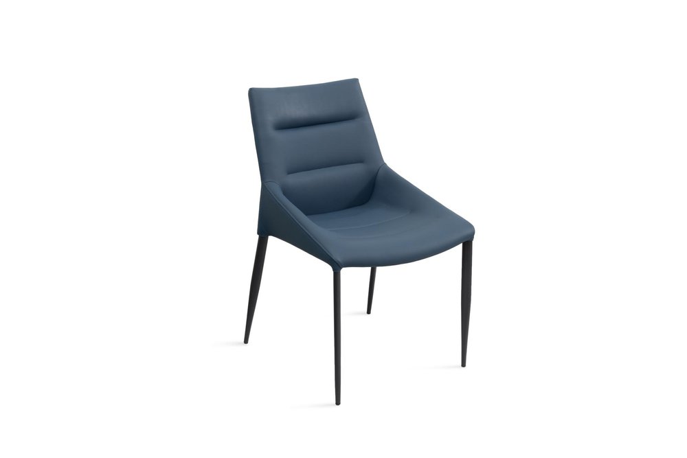 Set of Two Navy Blue and Black Faux Leather and Metal Dining Side Chairs
