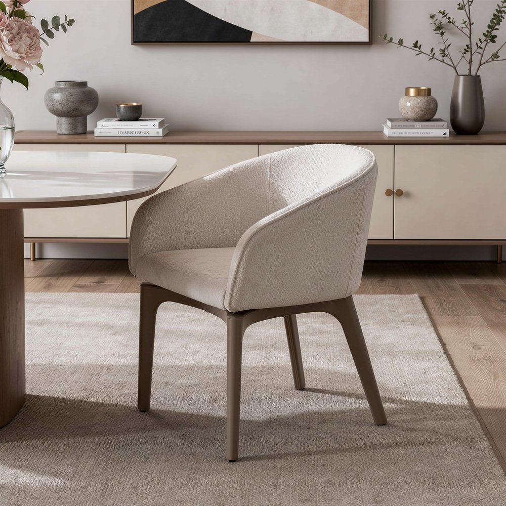 Taupe and Brown Boucle and Faux Leather Dining Arm Chair