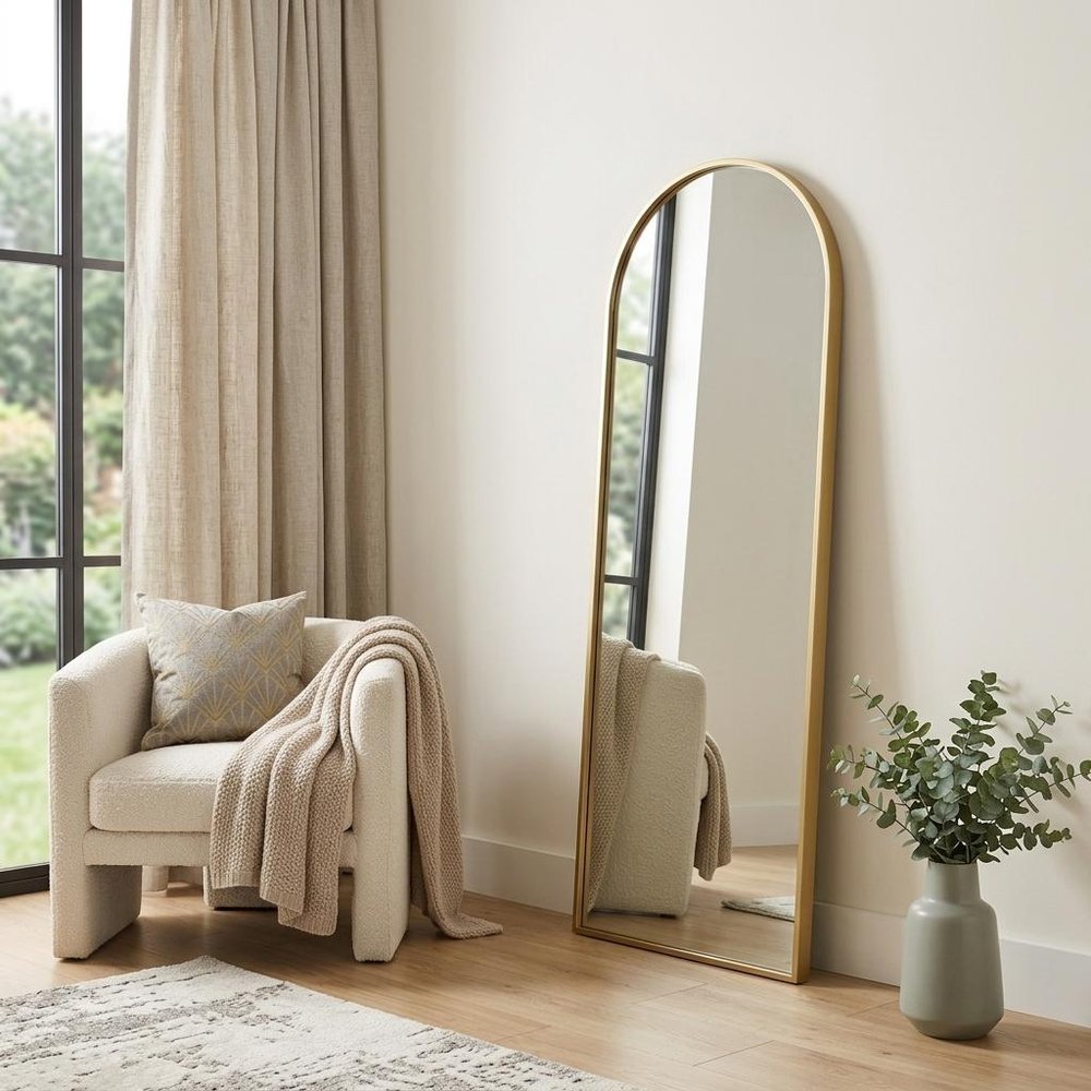 Gold Metal Arch Wall Mounted Leaning or Freestanding Framed Full Length Mirror