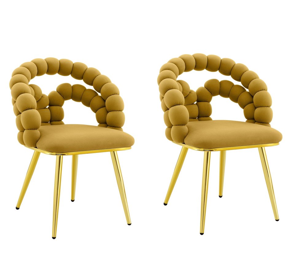 Set of Two Yellow and Gold Velvet Dining Side Chairs