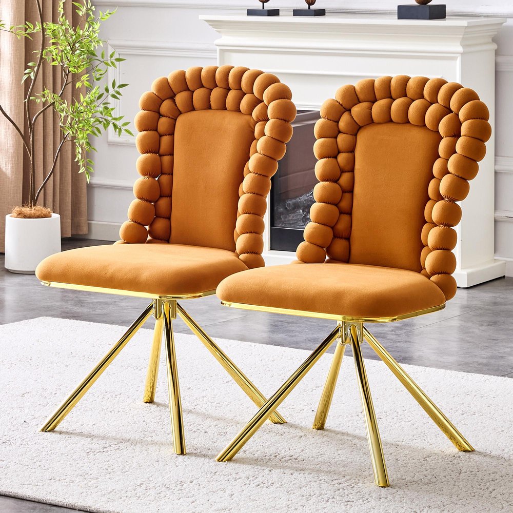 Set of Two Orange and Gold Velvet Dining Side Chairs