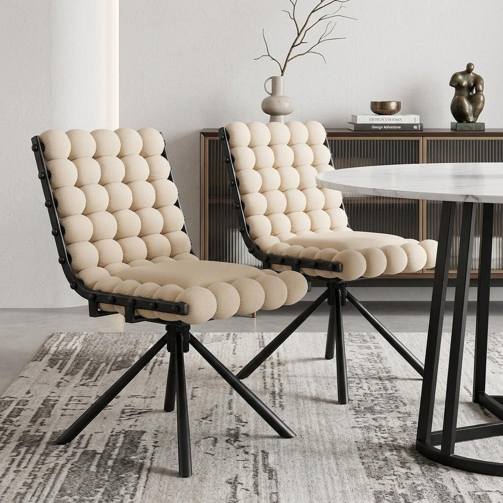 Set of Two Beige and Black Velvet Dining Side Chairs