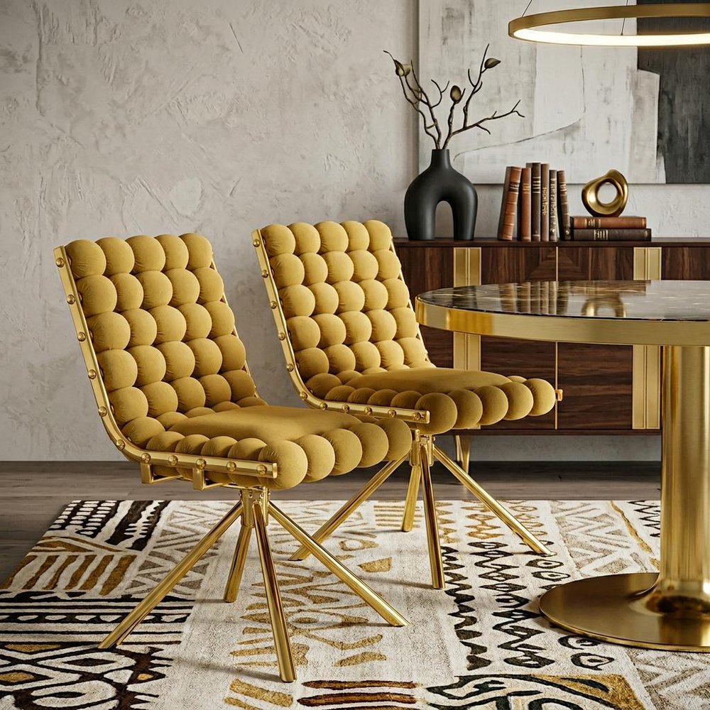 Set of Two Yellow and Gold Velvet Dining Side Chairs
