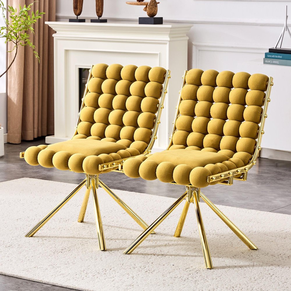Set of Two Yellow and Gold Velvet Dining Side Chairs