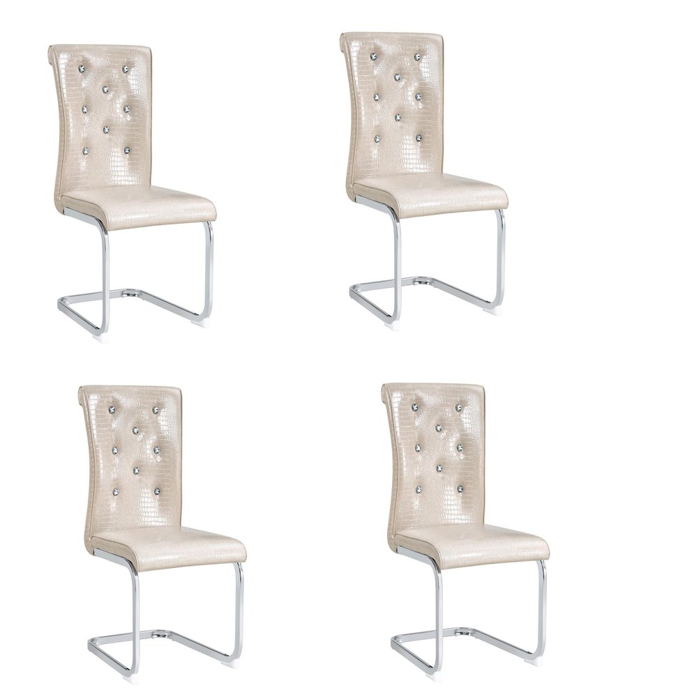 Set of Four Beige and Silver Faux Leather Dining Side Chairs