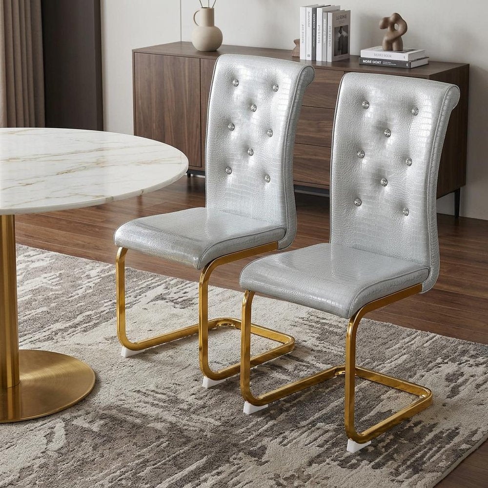 Set of Two Gray and Gold Faux Leather Dining Side Chairs