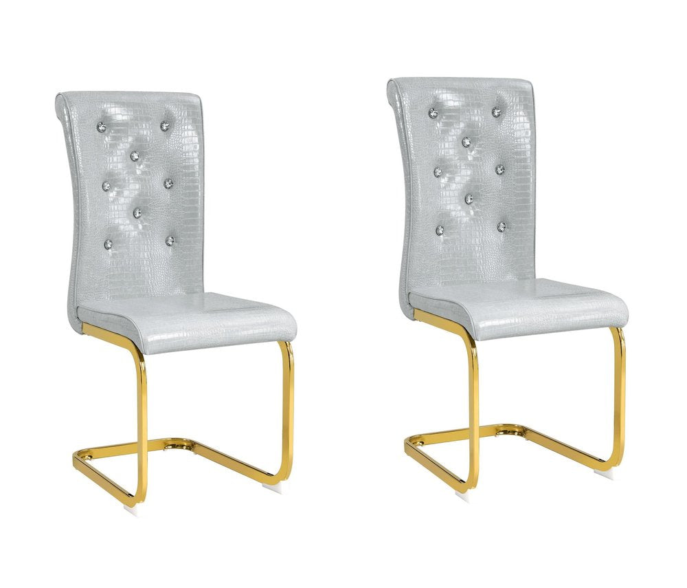 Set of Two Gray and Gold Faux Leather Dining Side Chairs