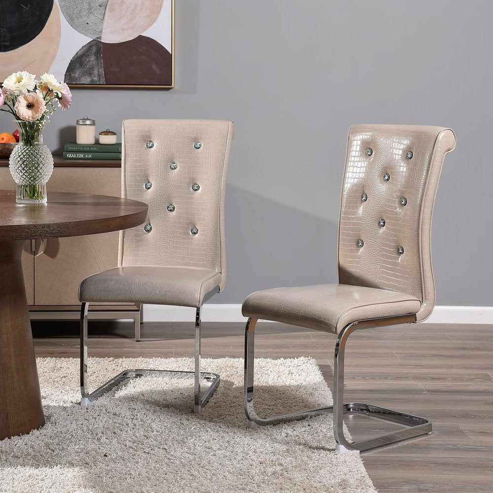Set of Two Beige and Silver Faux Leather Dining Side Chairs