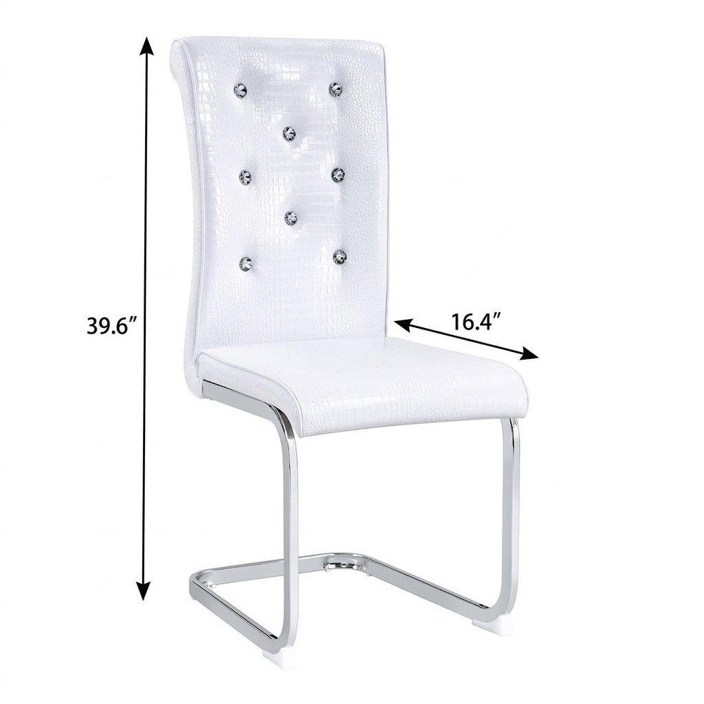 Set of Two White and Silver Faux Leather Dining Side Chairs