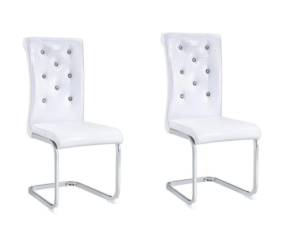 Set of Two White and Silver Faux Leather Dining Side Chairs