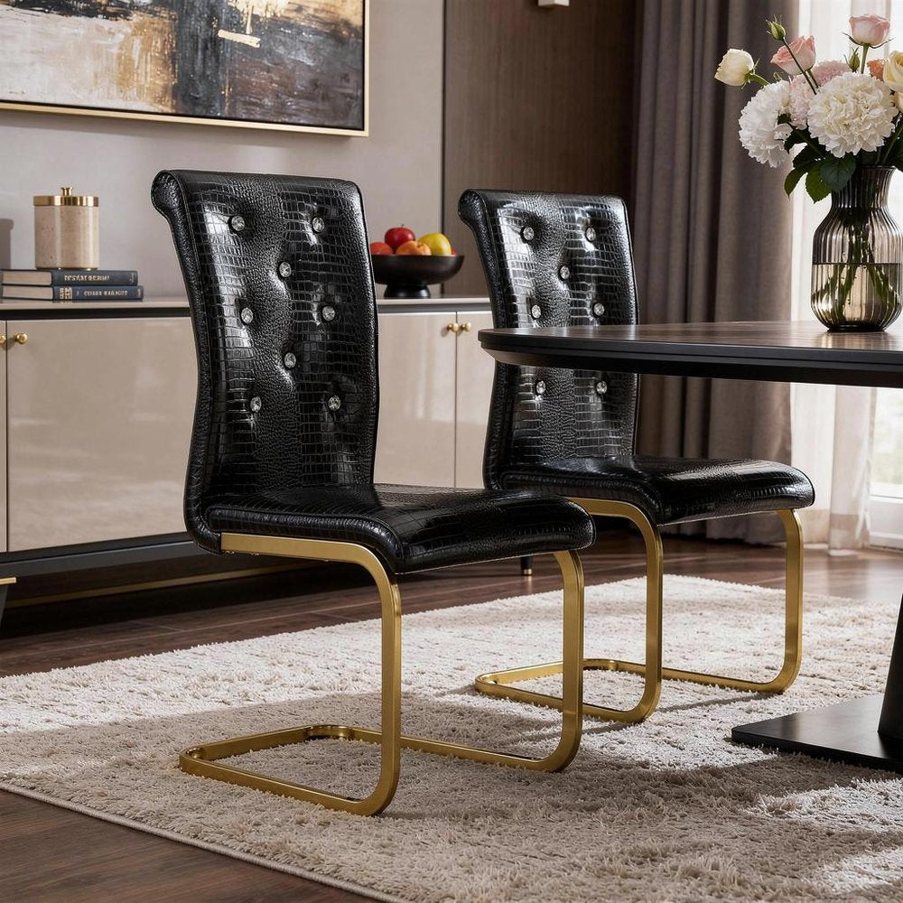 Set of Two Black and Gold Faux Leather Dining Side Chairs