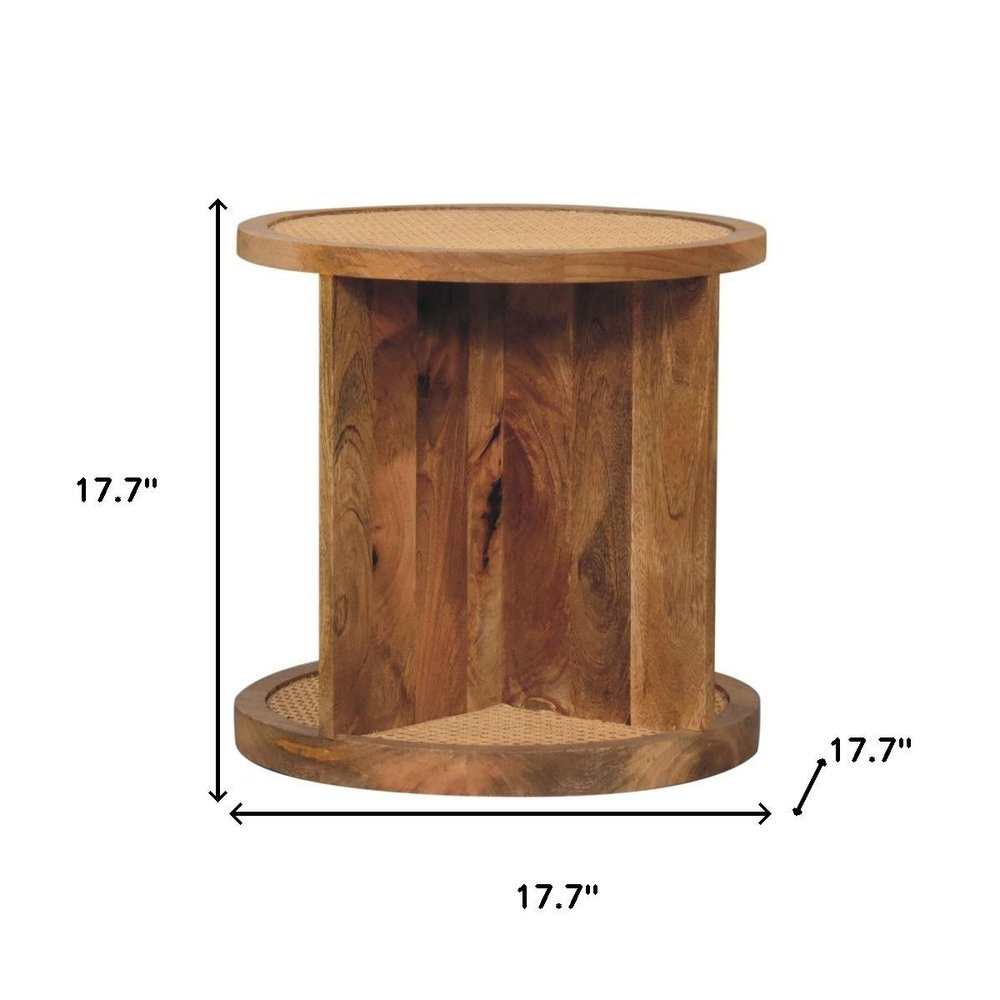 Brown Rattan and Solid Wood Round End Table - 18-inch