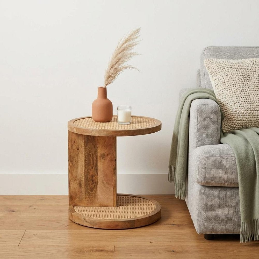 Brown Rattan and Solid Wood Round End Table - 18-inch