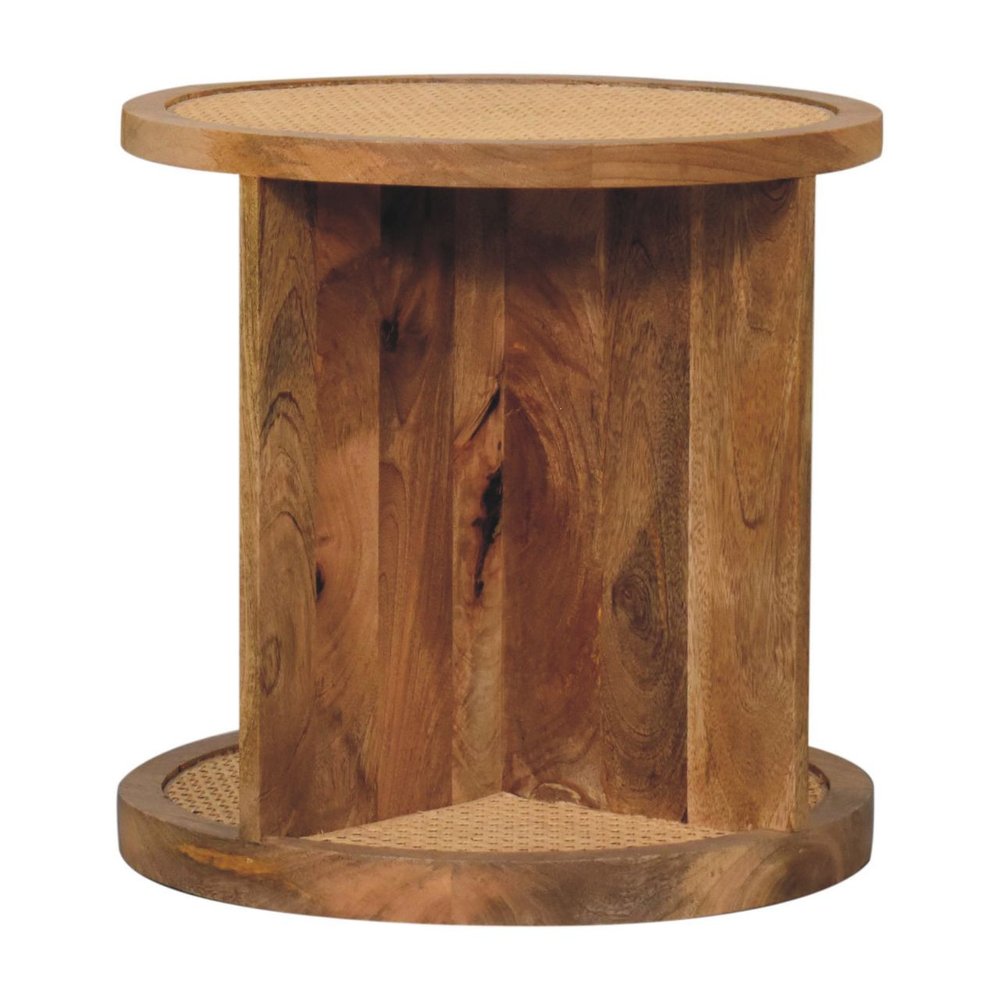Brown Rattan and Solid Wood Round End Table - 18-inch