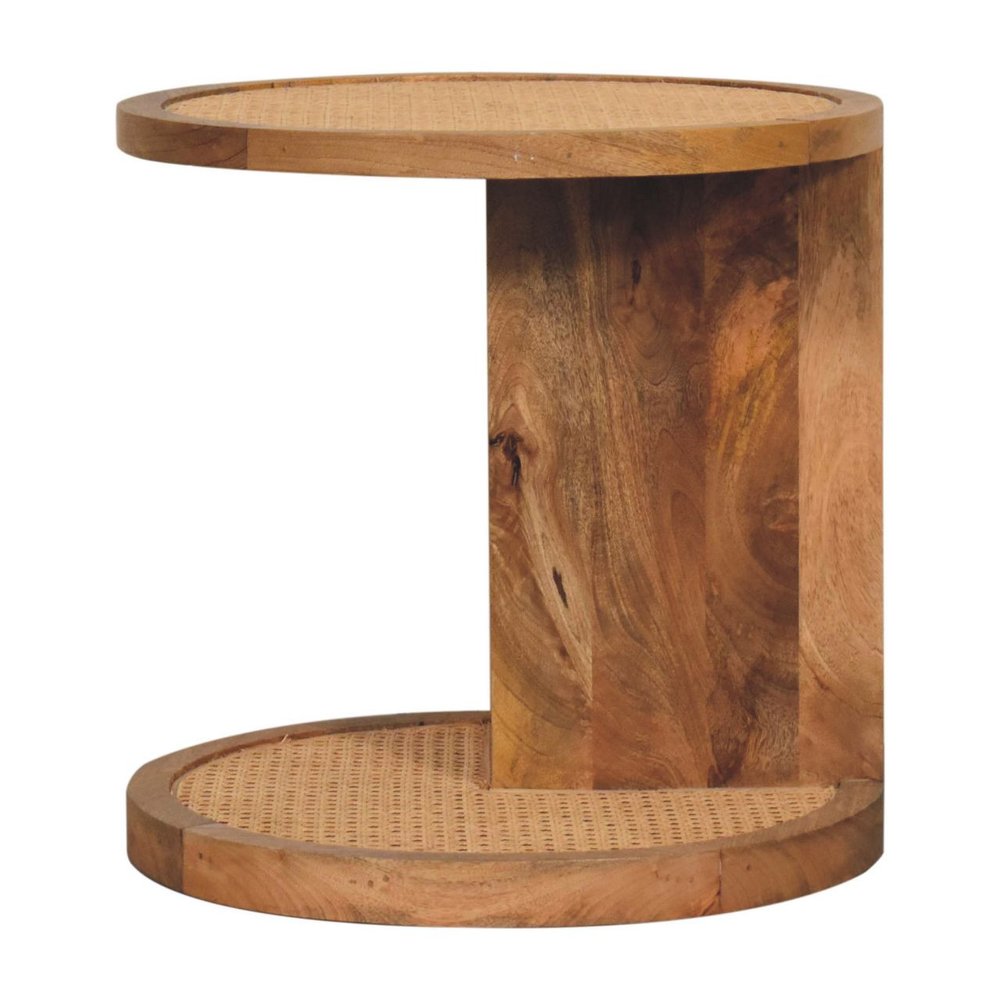 Brown Rattan and Solid Wood Round End Table - 18-inch