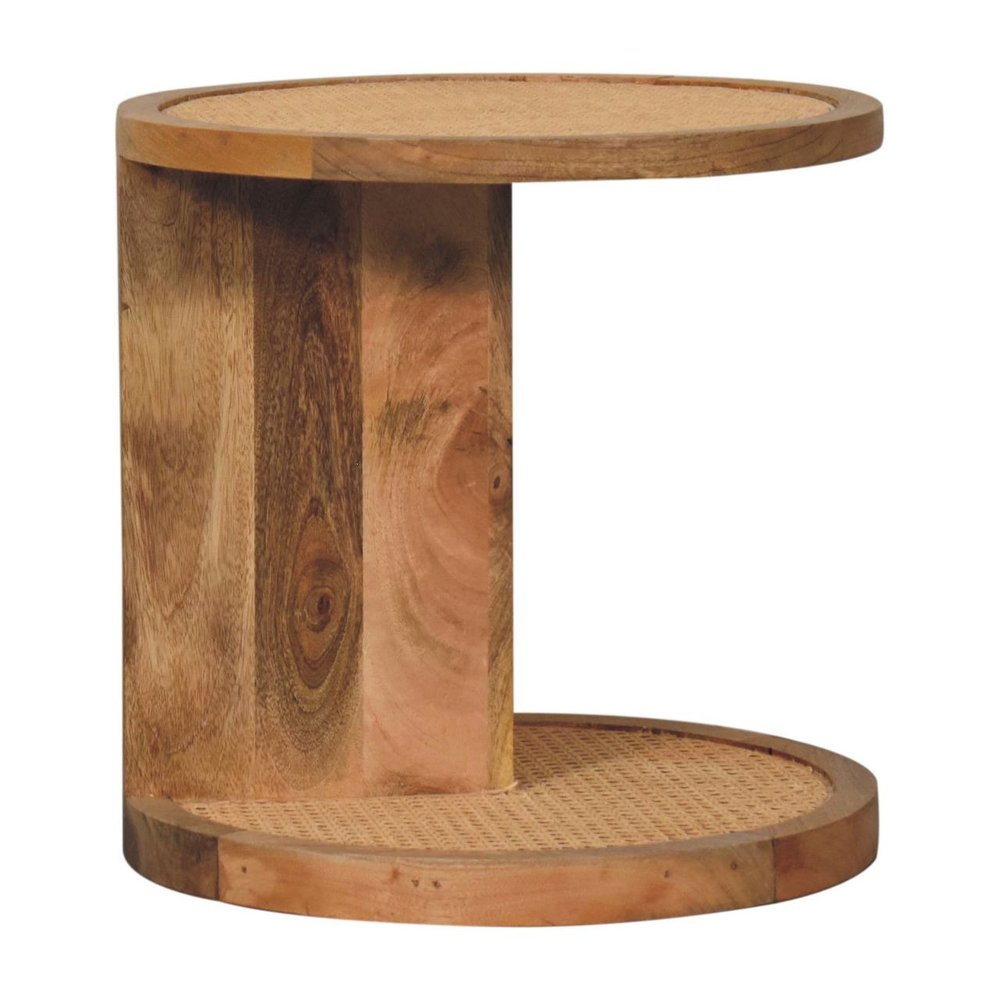 Brown Rattan and Solid Wood Round End Table - 18-inch