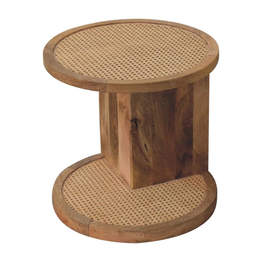 Brown Rattan and Solid Wood Round End Table - 18-inch