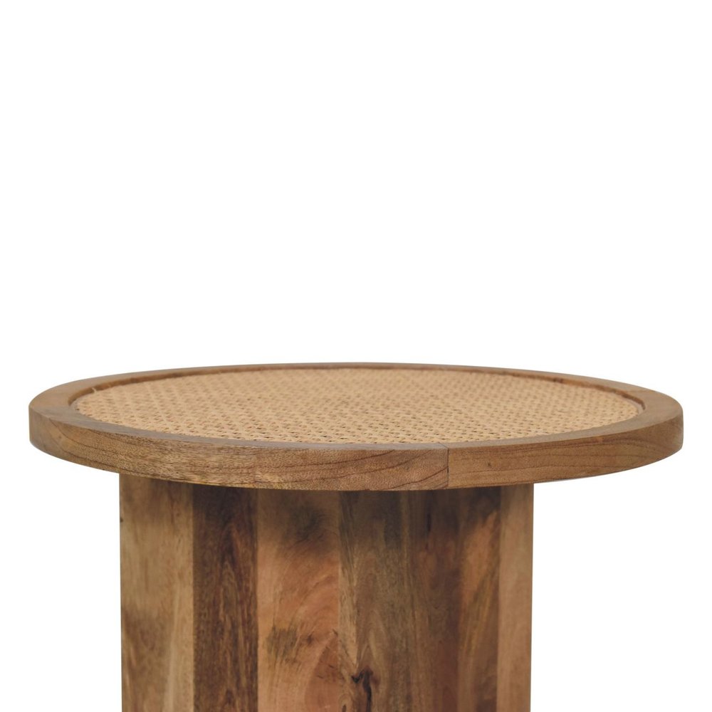 Brown Rattan and Solid Wood Round End Table - 18-inch