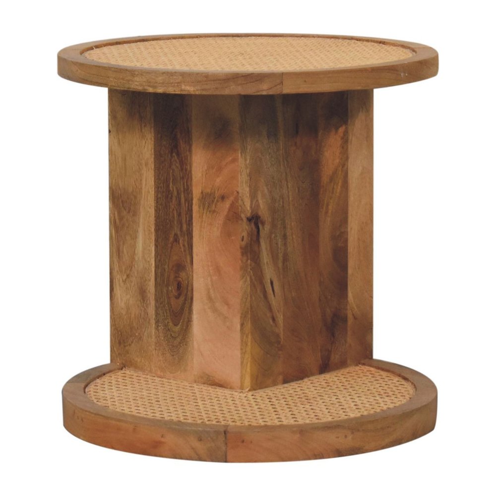 Brown Rattan and Solid Wood Round End Table - 18-inch