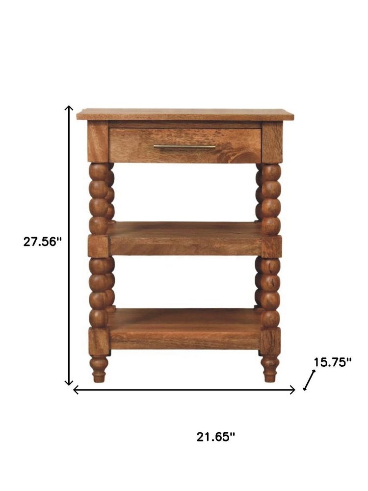 Brown Solid Wood End Table with Drawer and Two Shelves - 28-inch