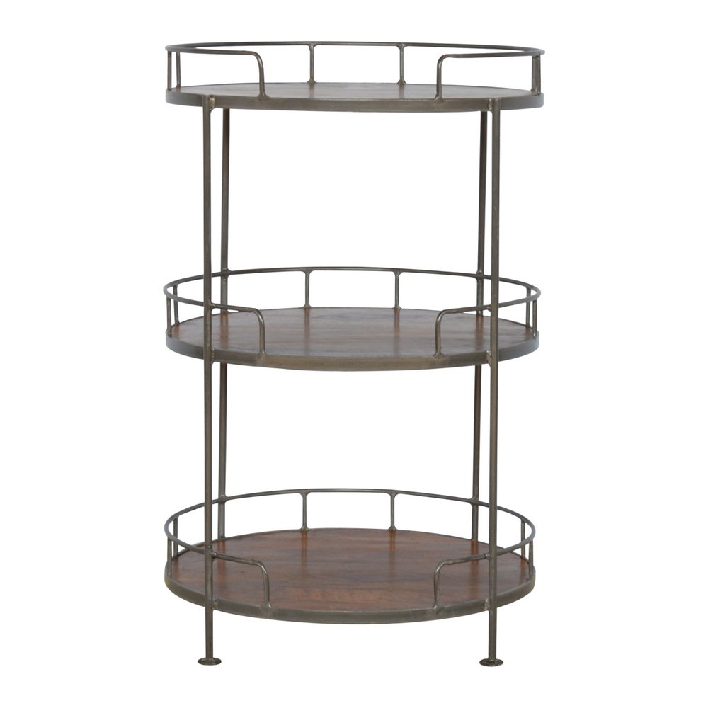 Brown Solid Wood and Iron Round End Table with Three Shelves - 35-inch