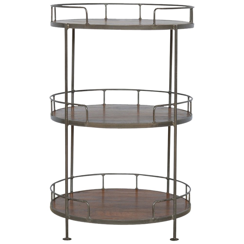 Brown Solid Wood and Iron Round End Table with Three Shelves - 35-inch