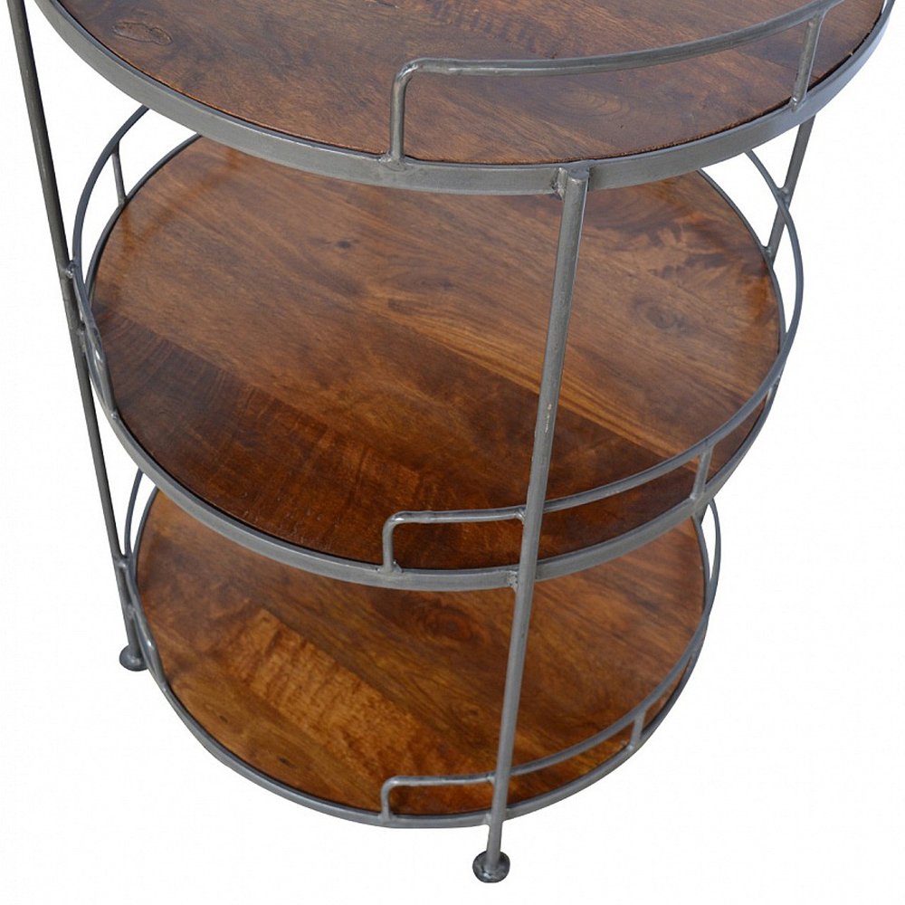 Brown Solid Wood and Iron Round End Table with Three Shelves - 35-inch