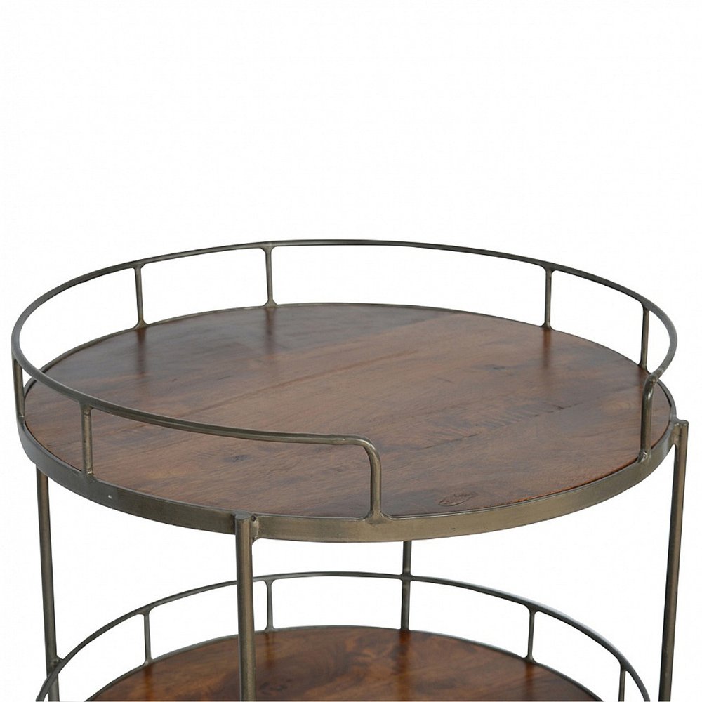 Brown Solid Wood and Iron Round End Table with Three Shelves - 35-inch